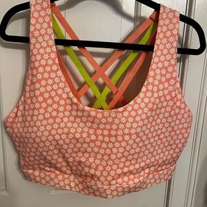 Fabletics Pink and Green Sports Bra with Strappy Back